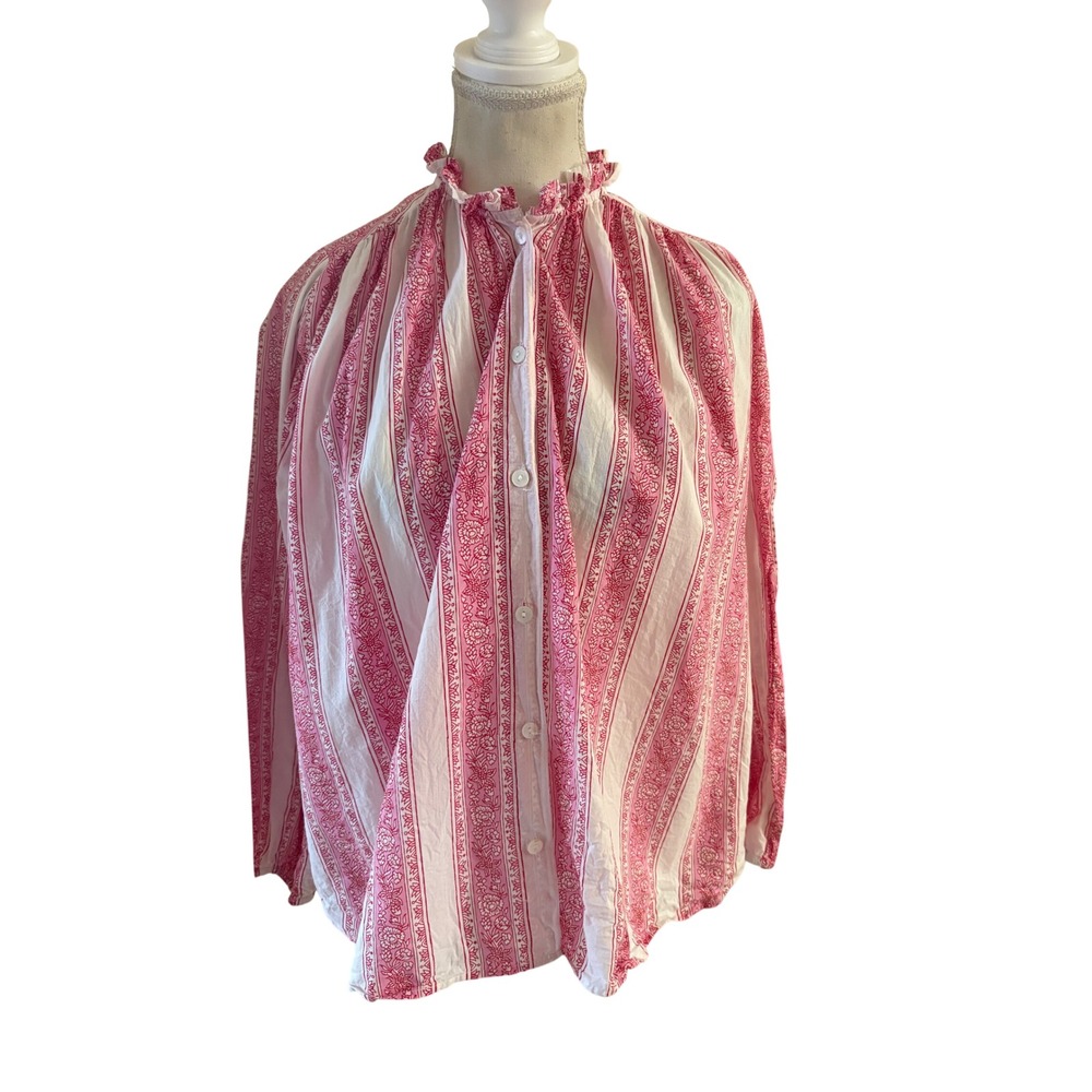 Mille Resort Pink Striped Pattern Cotton Button Down Ruffle Top Size XS